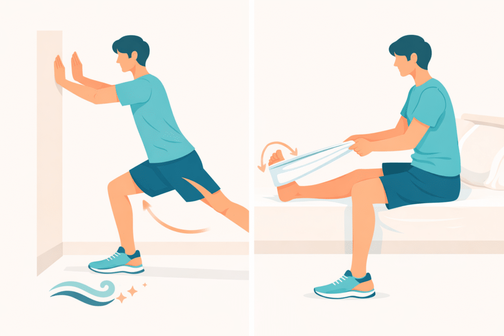 Standing wall calf stretch + seated towel stretch