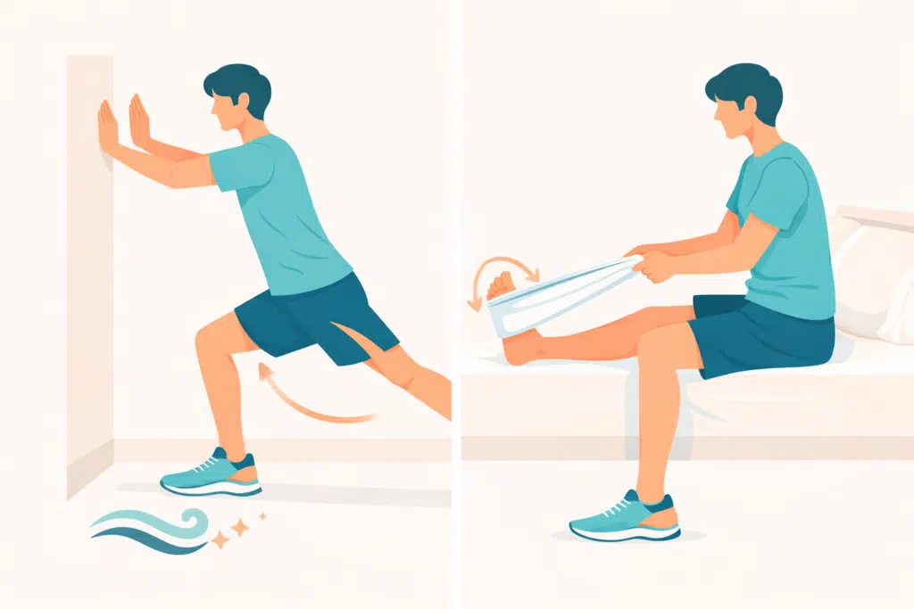 Standing wall calf stretch and seated towel stretch for plantar fasciitis