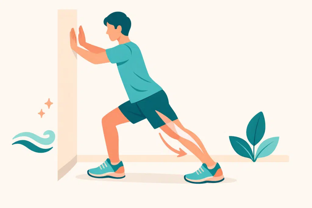 Standing wall calf stretch for plantar fasciitis relief