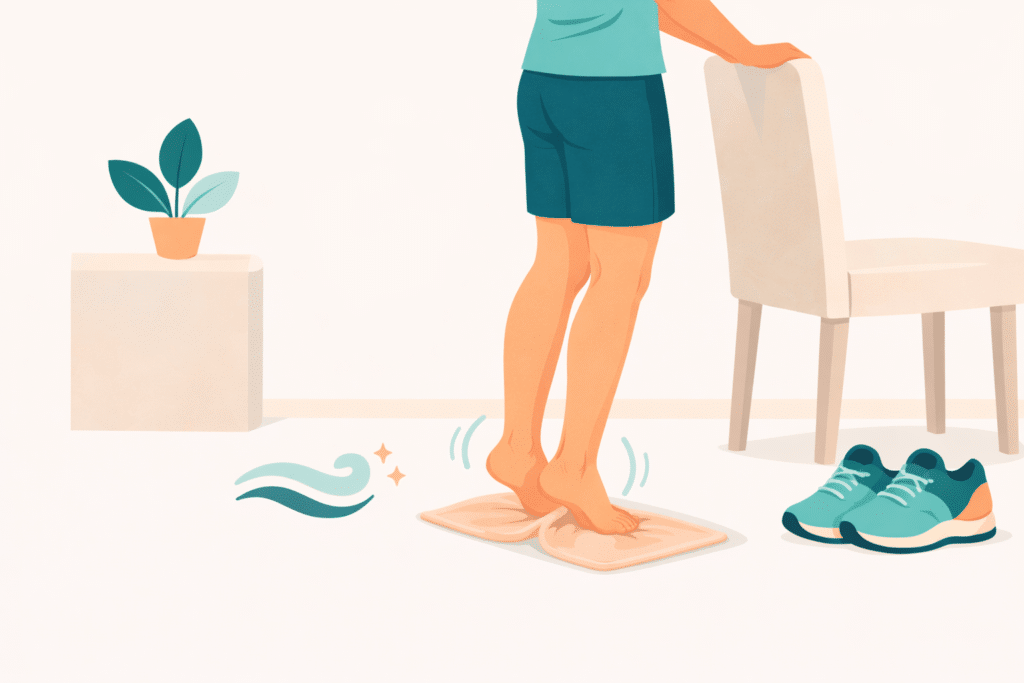 Heel raise exercise with balance support.