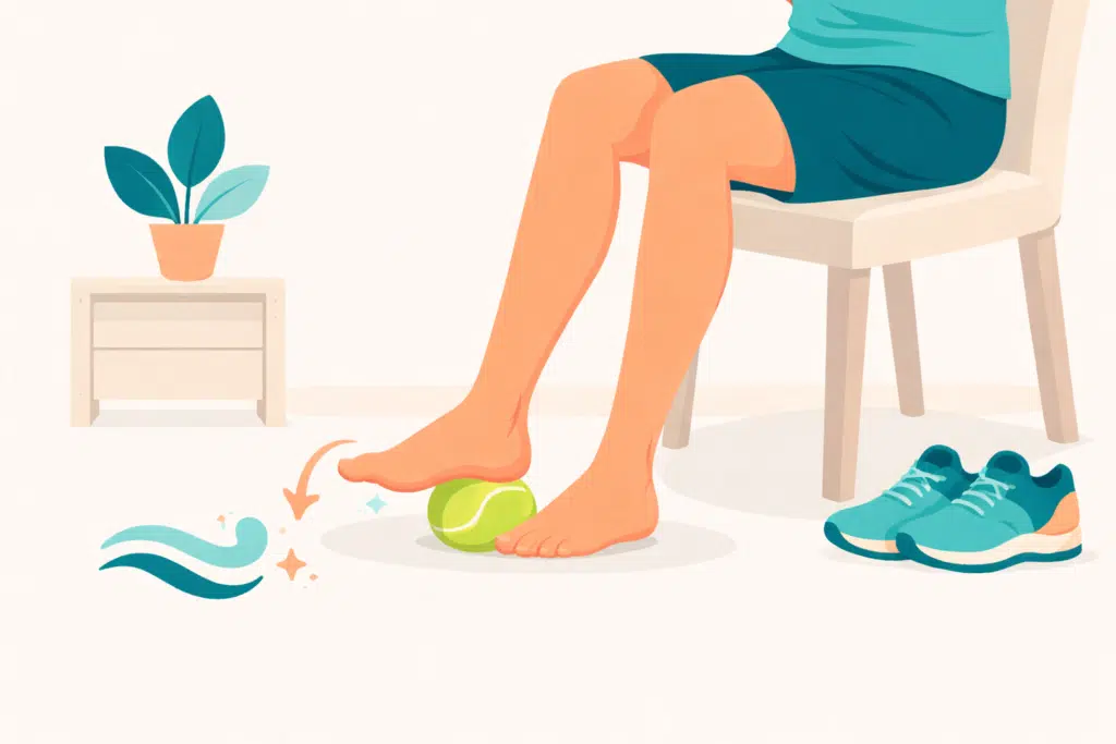 Seated tennis ball roll for plantar fasciitis massage