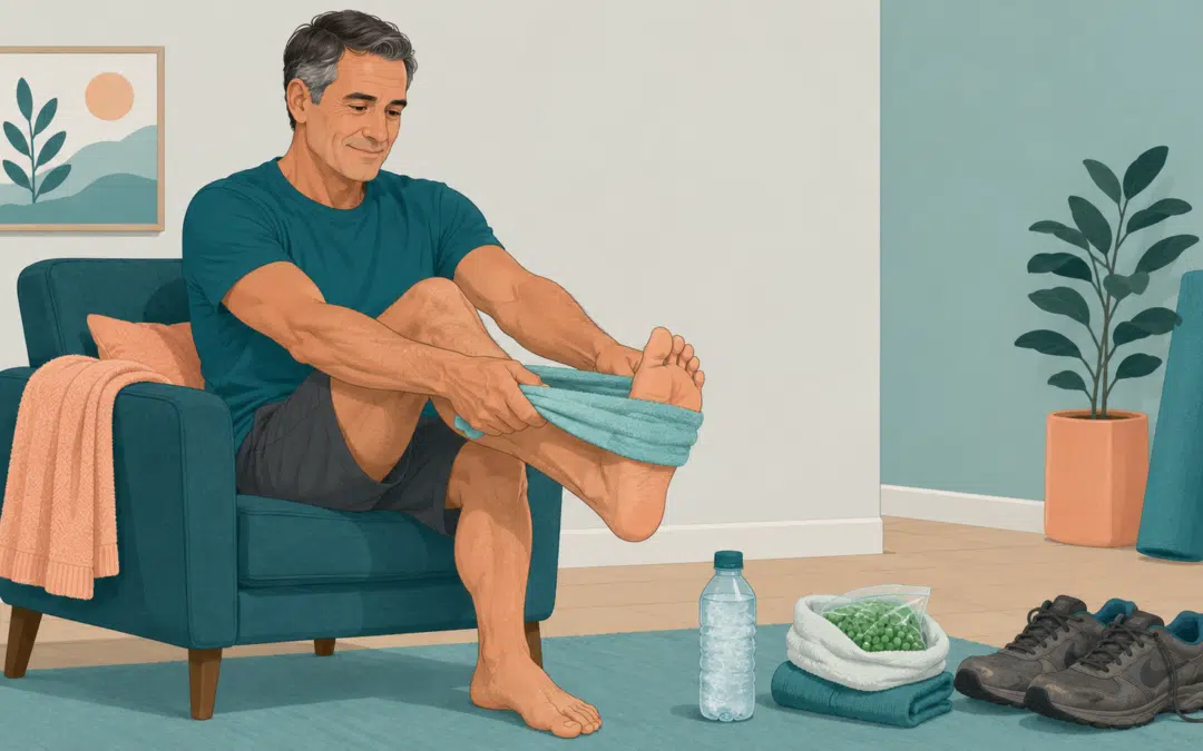 using a towel to stretch one foot