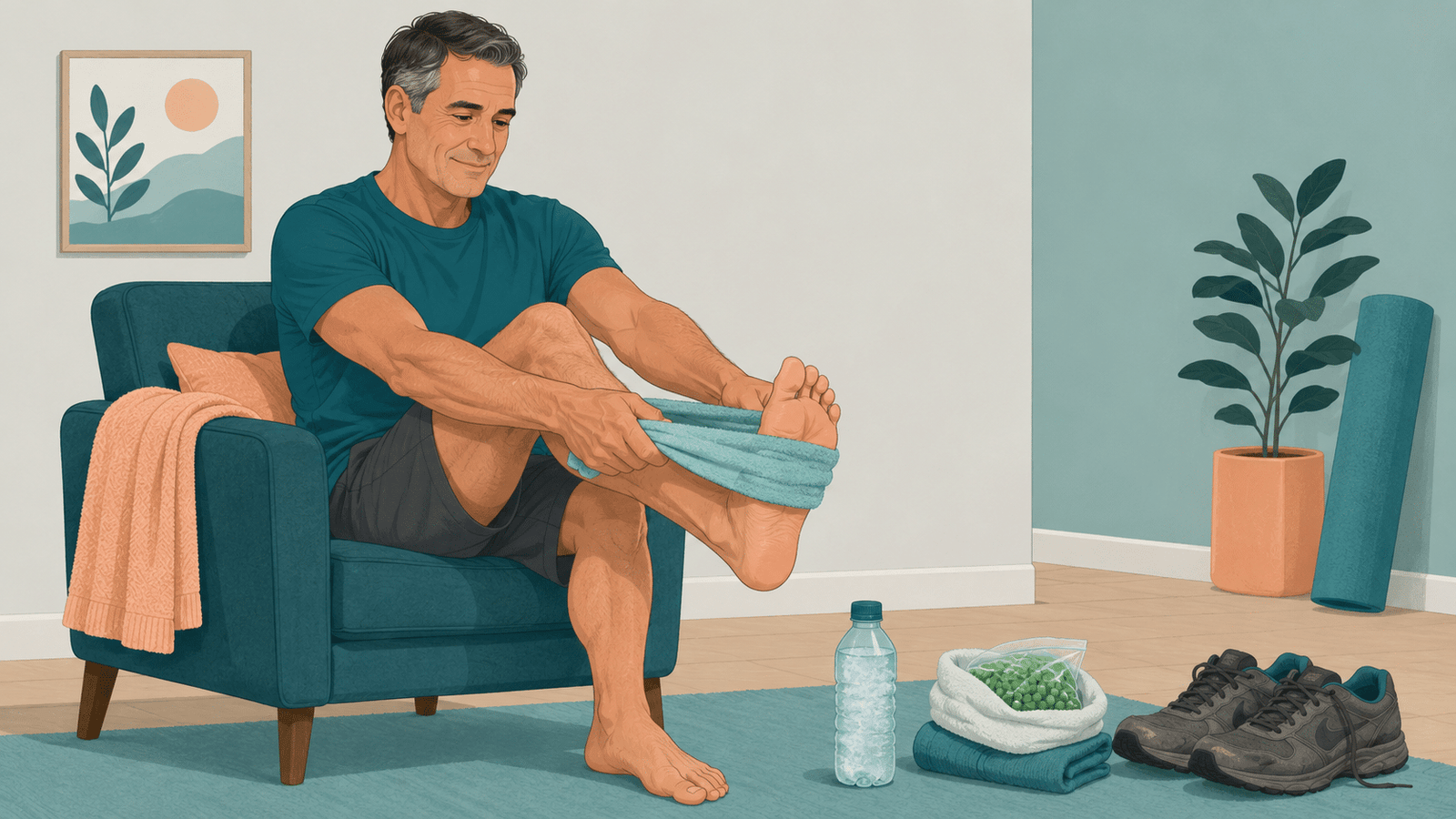 using a towel to stretch one foot