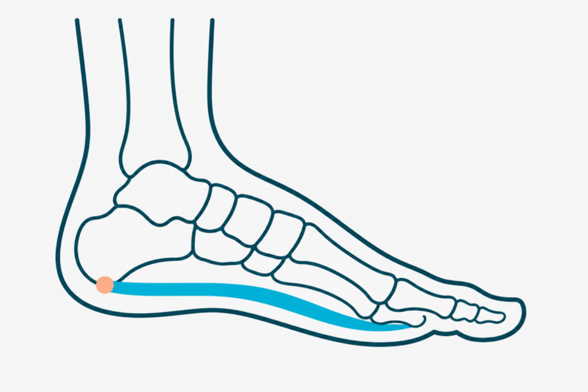 Side view of a foot showing the plantar fascia band from heel to toes.