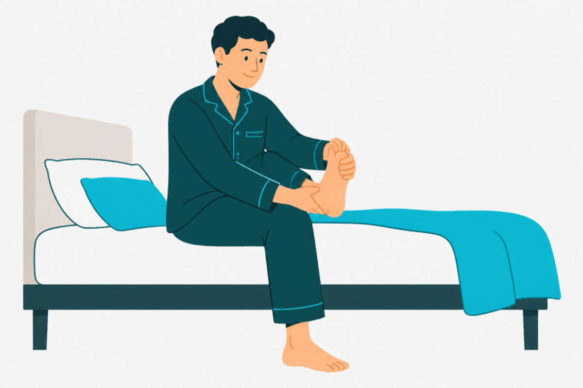 Person sitting on a bed edge stretching their foot before standing.