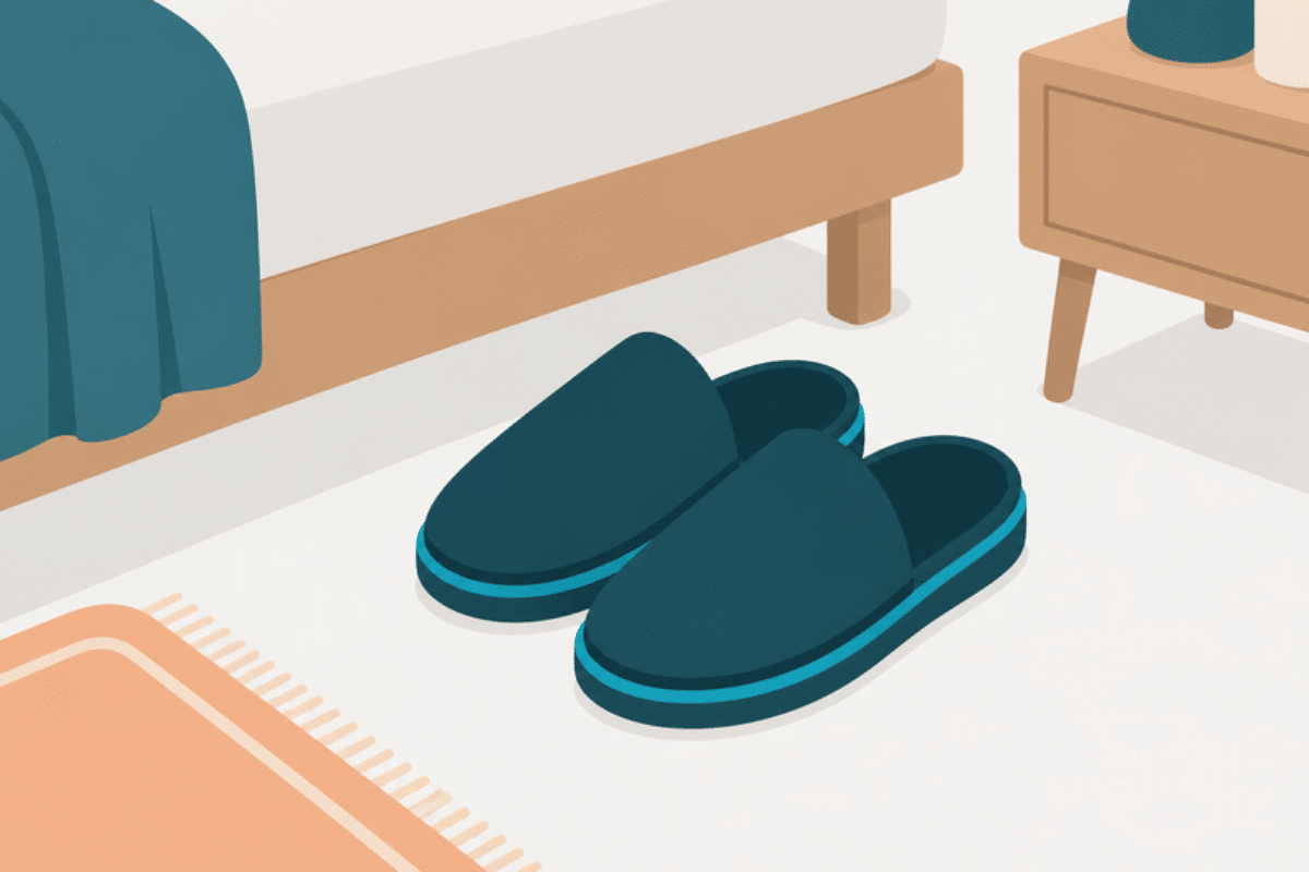 Supportive slippers placed on the floor next to a bed.